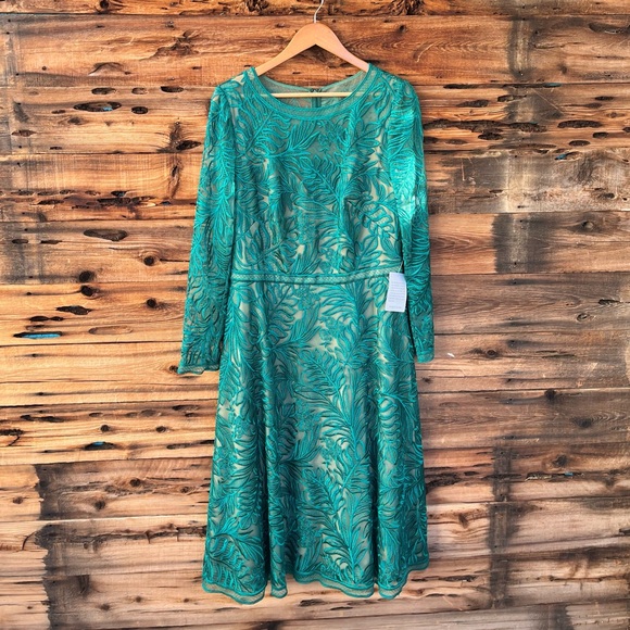 TADASHI SHOJINWT Long Sleeve Lace Cocktail Midi Dress - Green Turquoise 14  - threedaughtersproperties.com